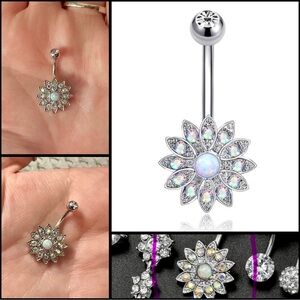 Silver Opal Flower Belly Button Ring